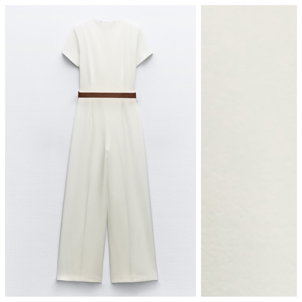 NWT. Zara White Belted Crepe V-neck Jumpsuit with Short Sleeves. Size L. - Picture 7 of 11